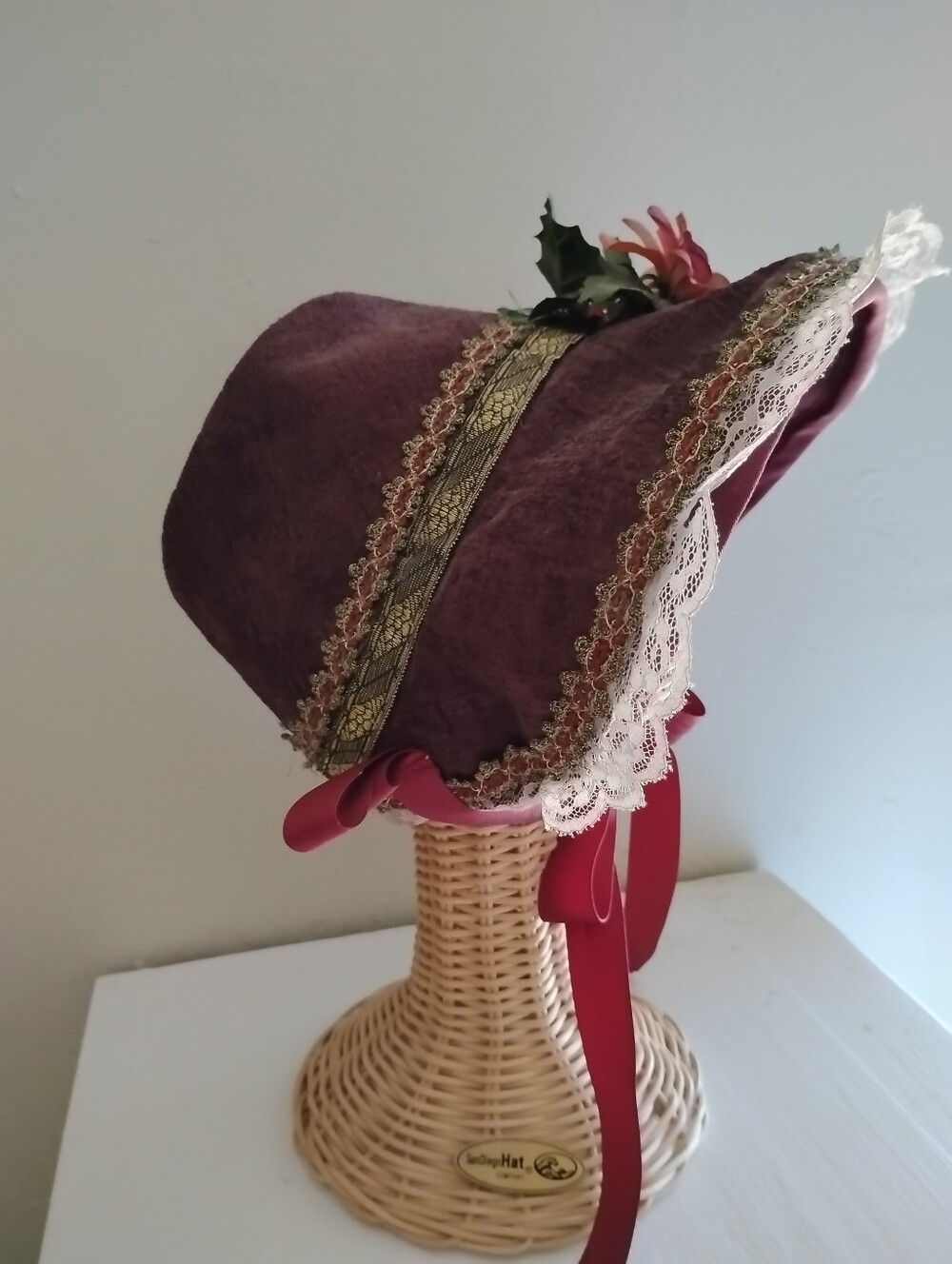 Regency Bonnet Mahogany Jane Austen Lace Reenactment Costume Hat Victorian Lady - Picture 3 of 10